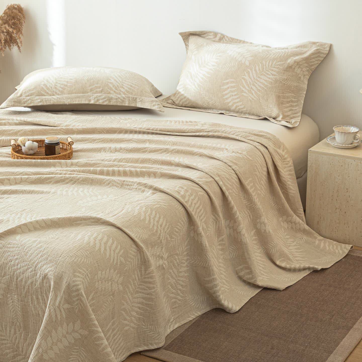 Beige Botanical Textured Cotton Linen Bedspread