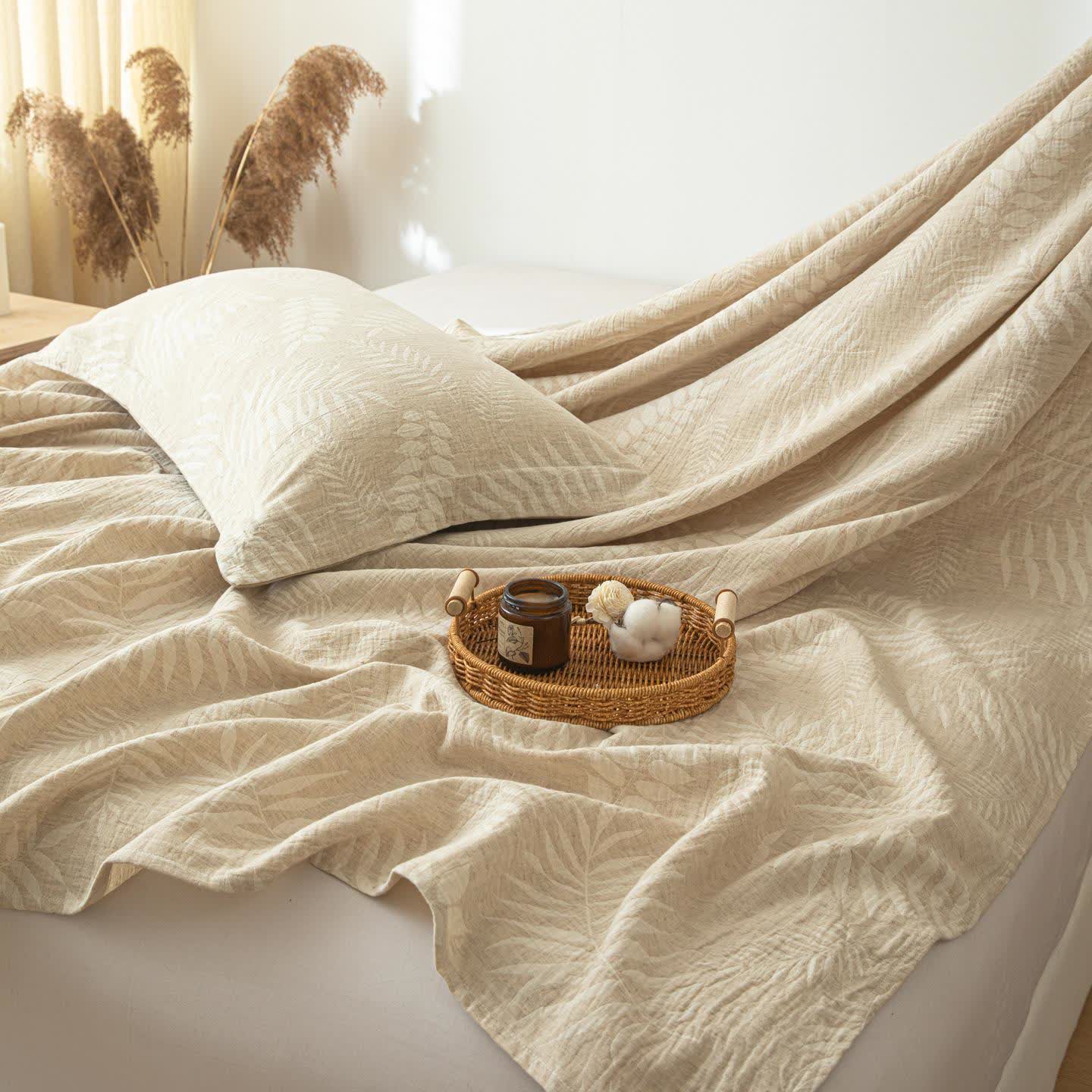 Beige Botanical Textured Cotton Linen Bedspread