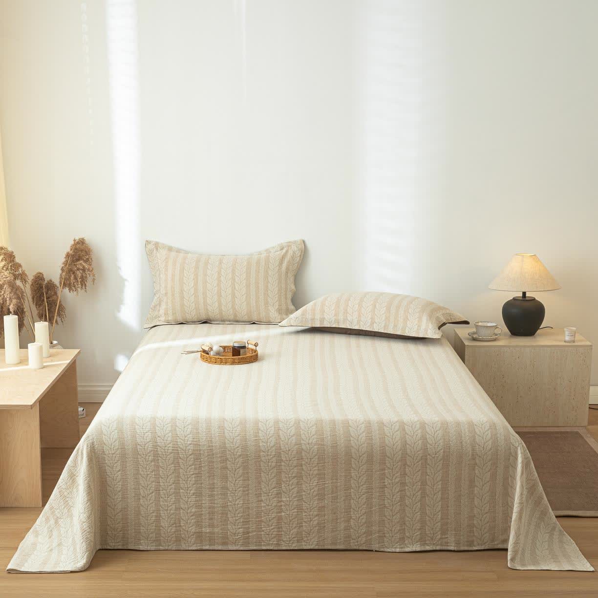 Beige Wheat Textured Cotton Linen Bedspread