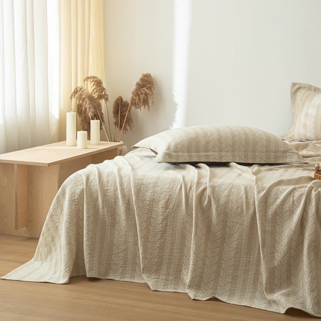 Beige Wheat Textured Cotton Linen Bedspread