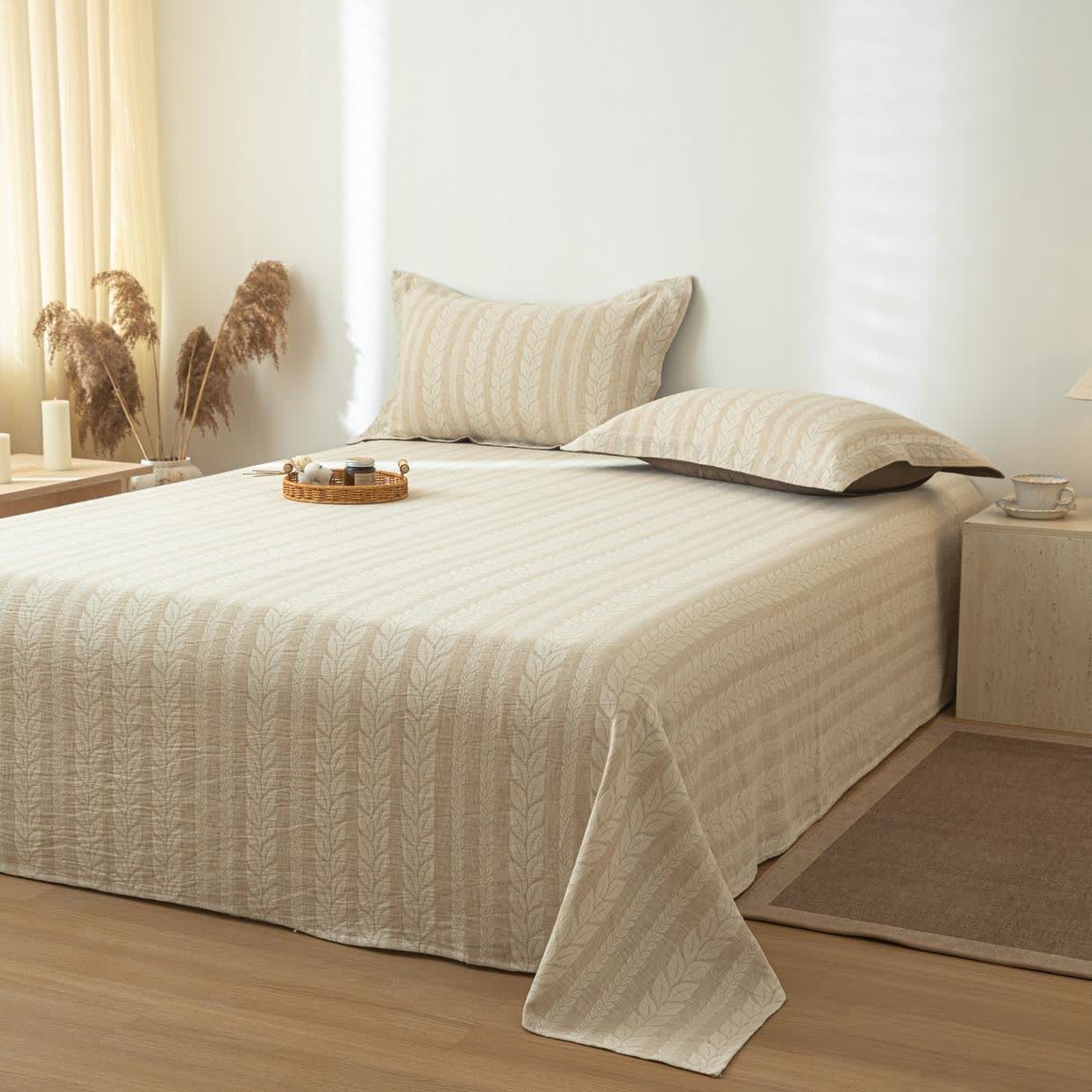 Beige Wheat Textured Cotton Linen Bedspread
