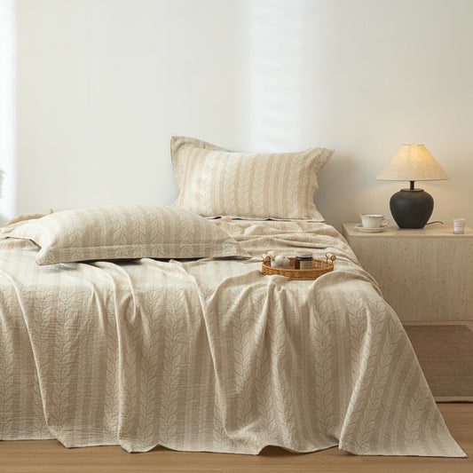 Beige Wheat Textured Cotton Linen Bedspread