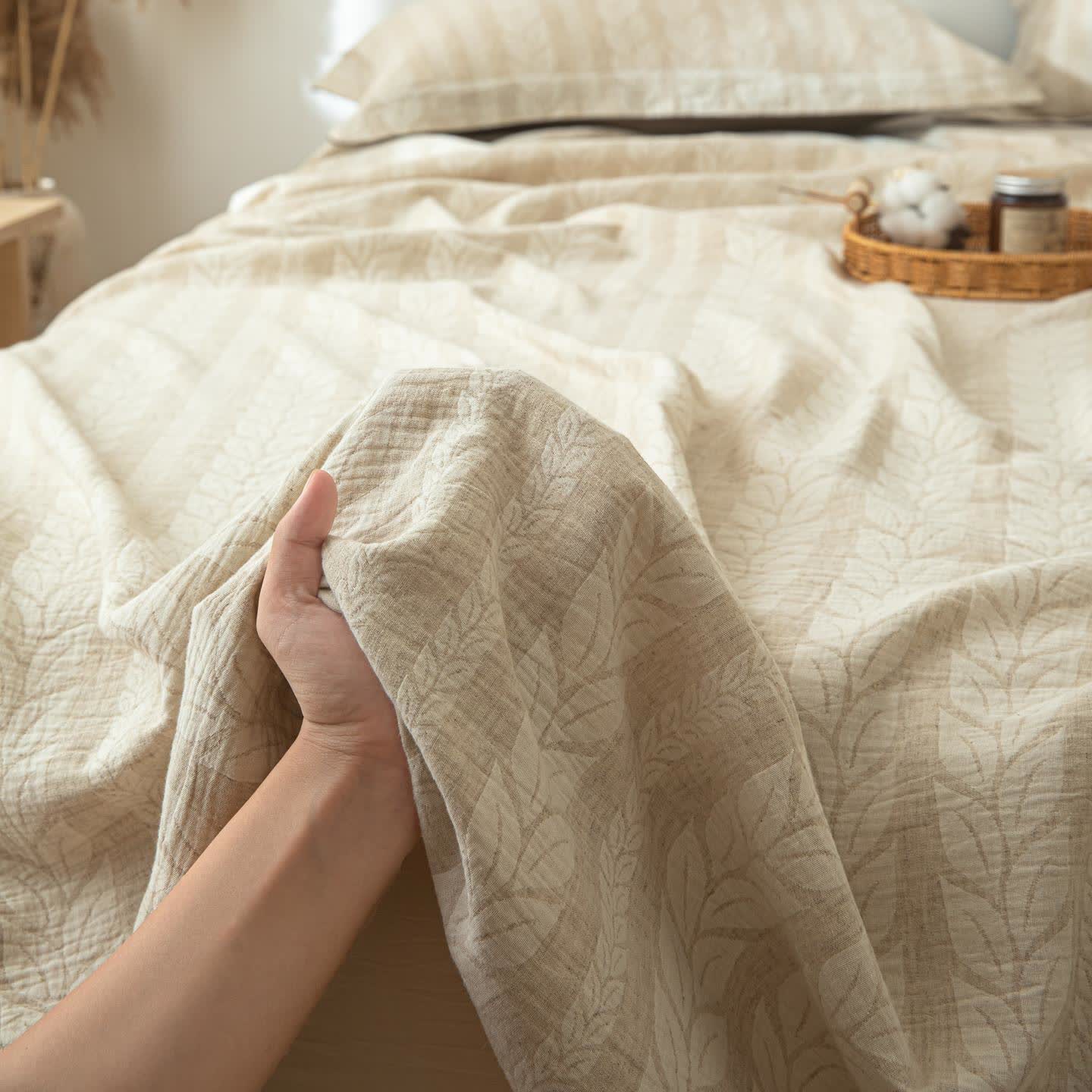 Beige Wheat Textured Cotton Linen Bedspread