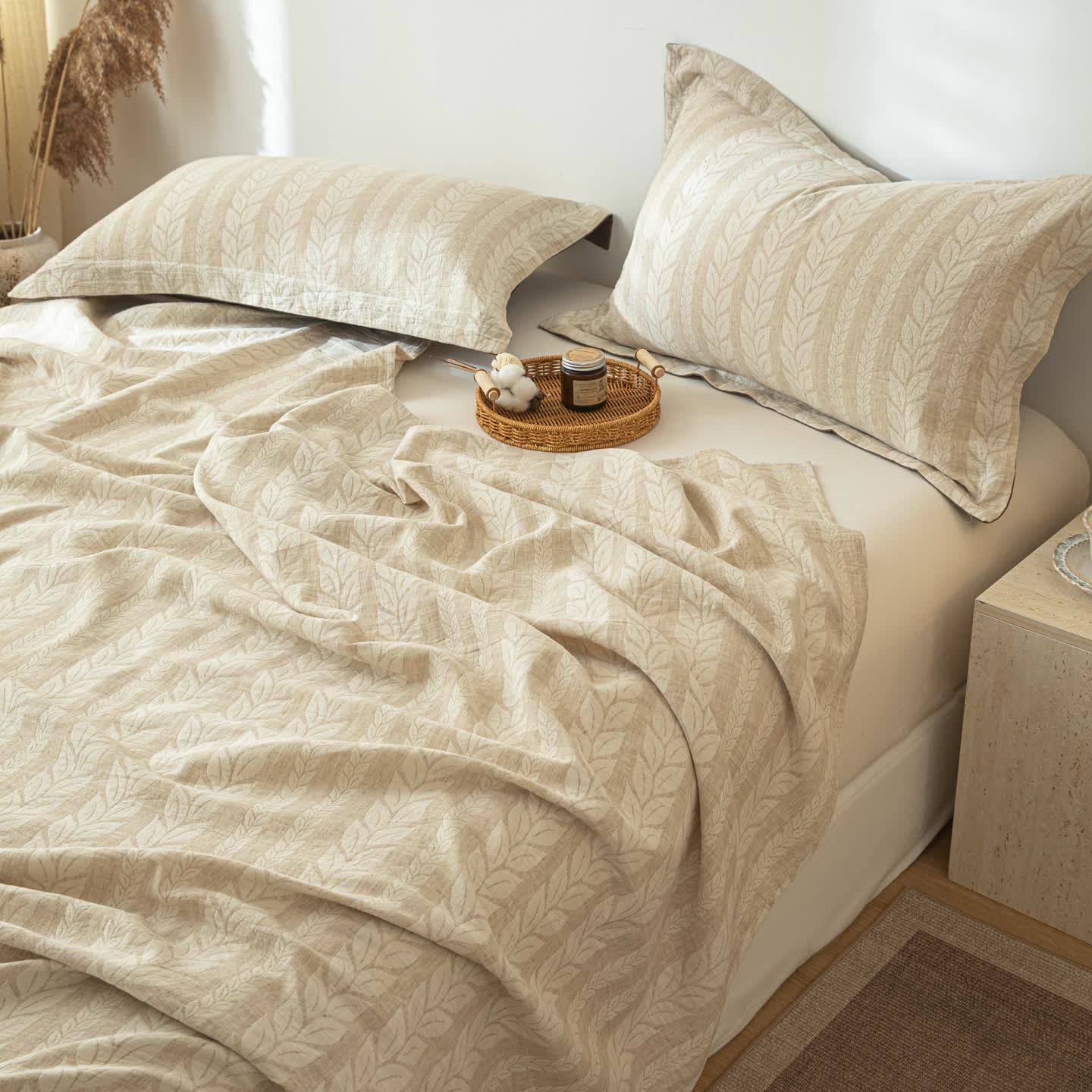 Beige Wheat Textured Cotton Linen Bedspread