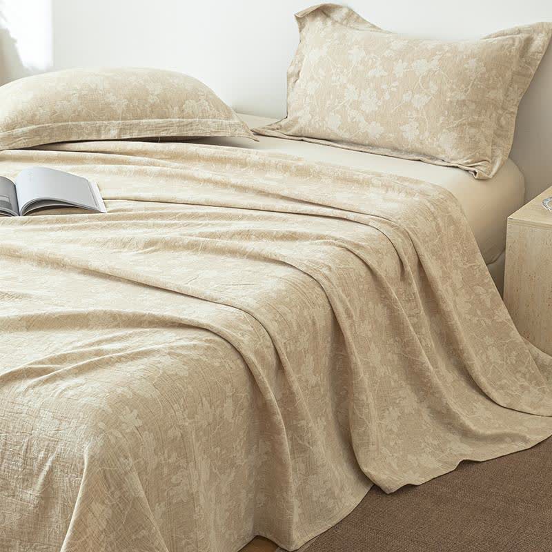 Beige Floral Textured Cotton Linen Bedspread