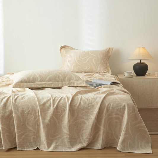 Beige Curve Textured Cotton Linen Bedspread