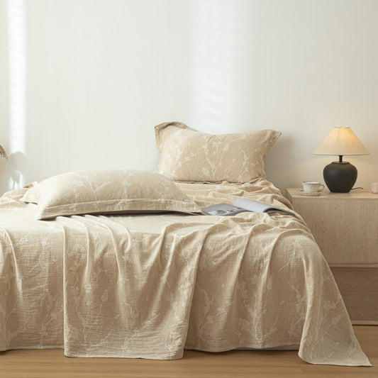 Floral Branch Textured Cotton Linen Bedspread