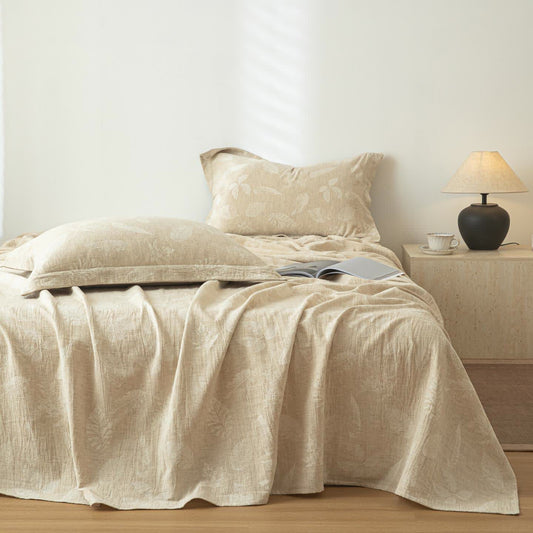 Jungle Leaves Textured Cotton Linen Bedspread