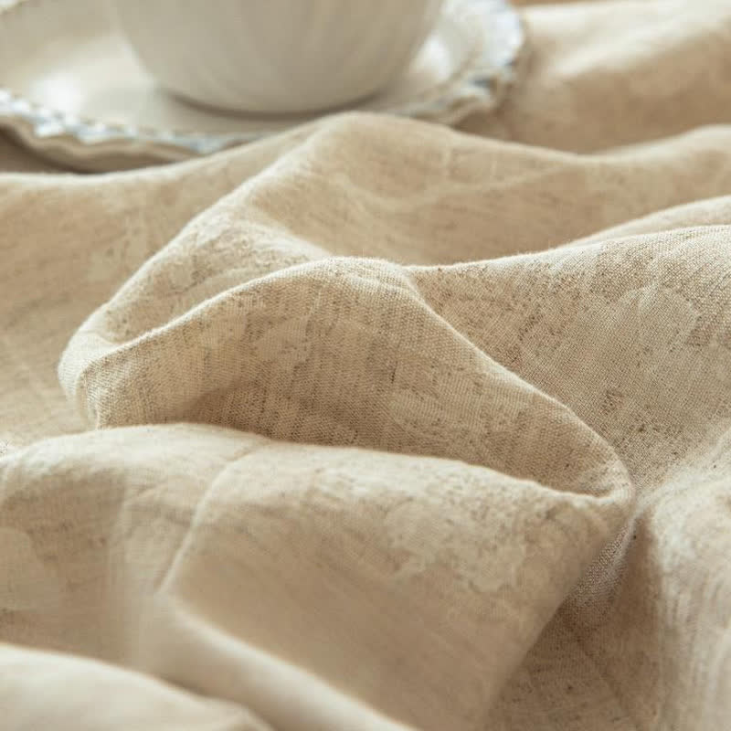 Beige Floral Textured Cotton Linen Bedspread