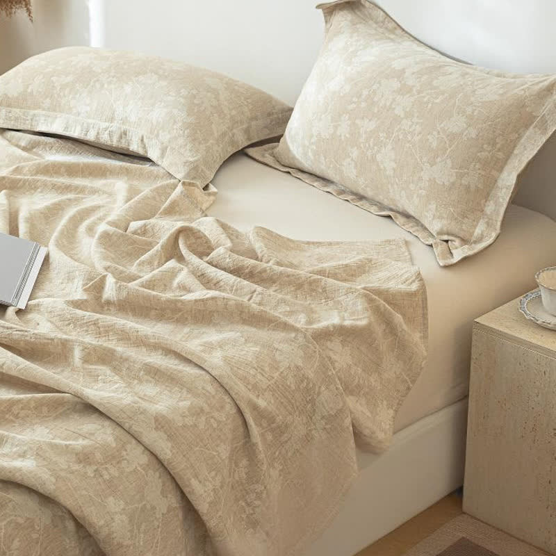 Beige Floral Textured Cotton Linen Bedspread