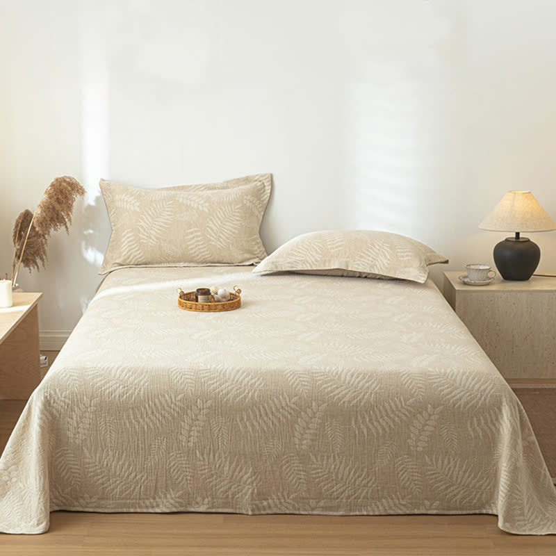 Beige Botanical Textured Cotton Linen Bedspread