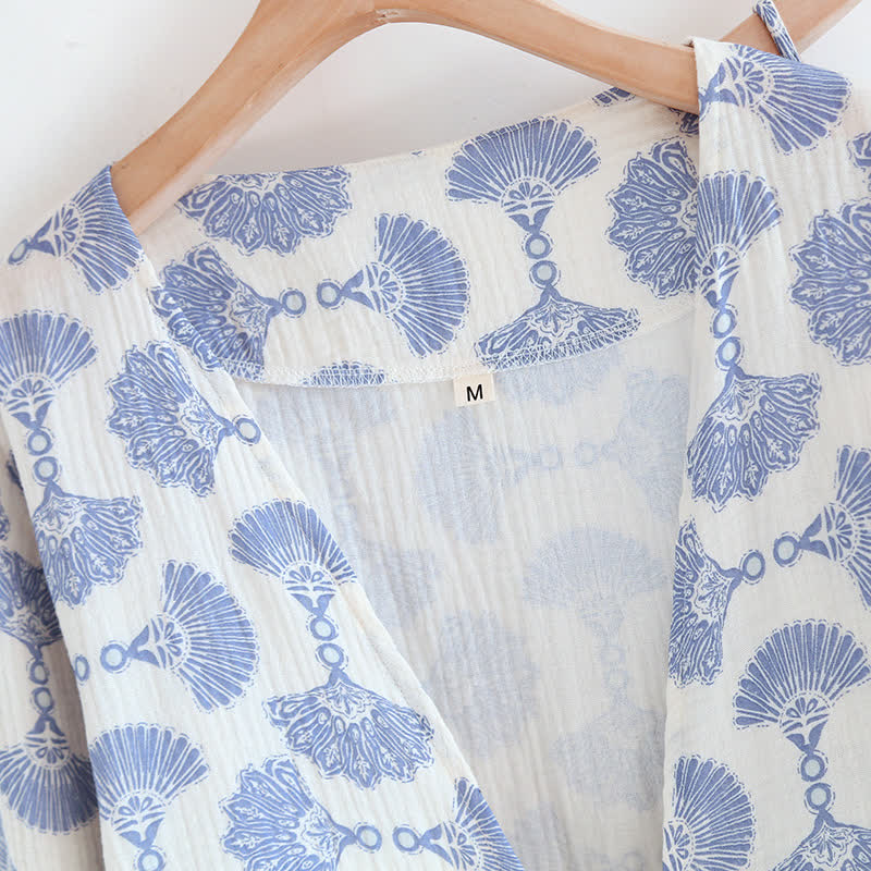 Blue Fan Print Cotton Loungewear Set (3PCS)