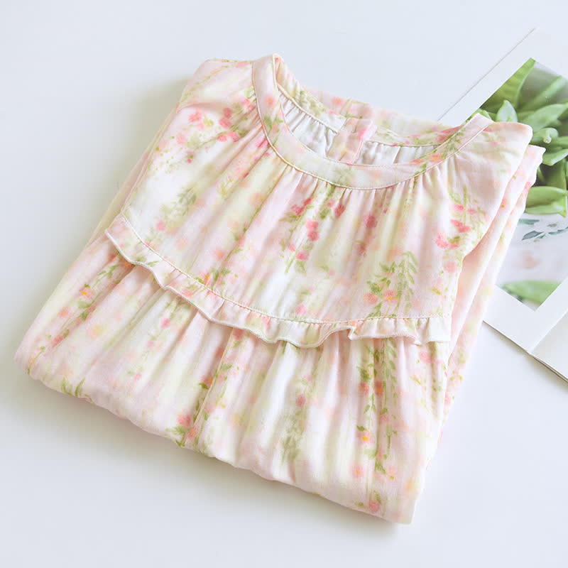 Ruffle Neck Rose Print Cotton Nightgown