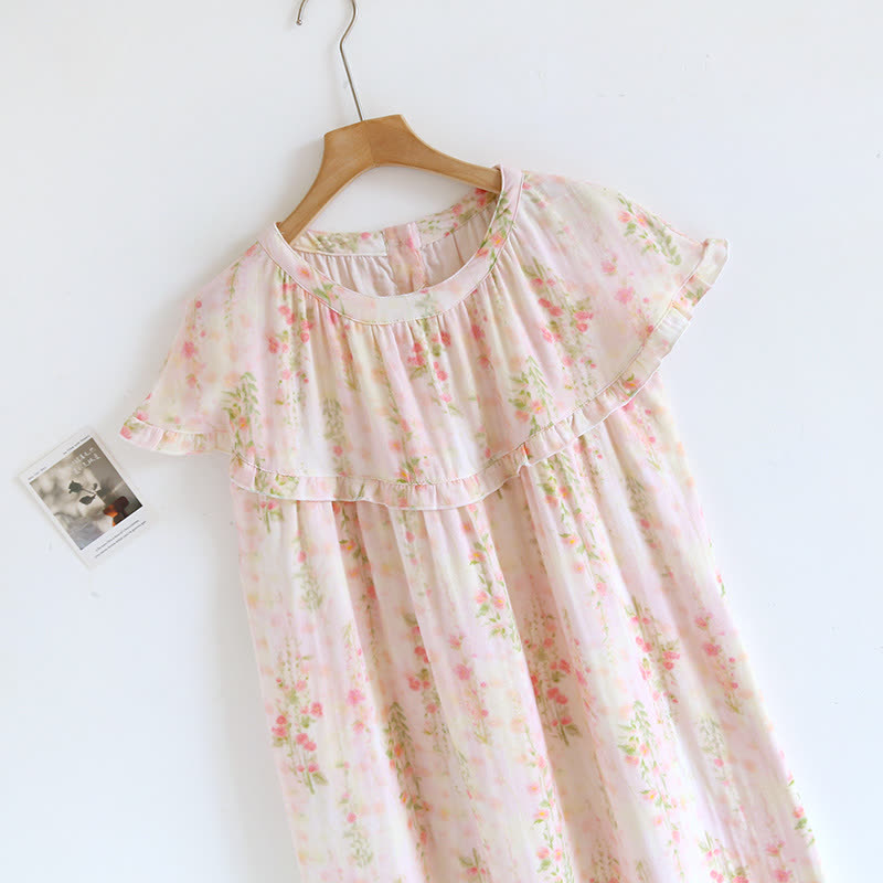 Ruffle Neck Rose Print Cotton Nightgown