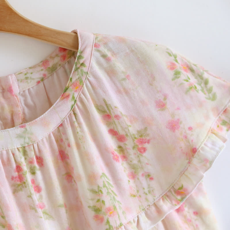 Ruffle Neck Rose Print Cotton Nightgown