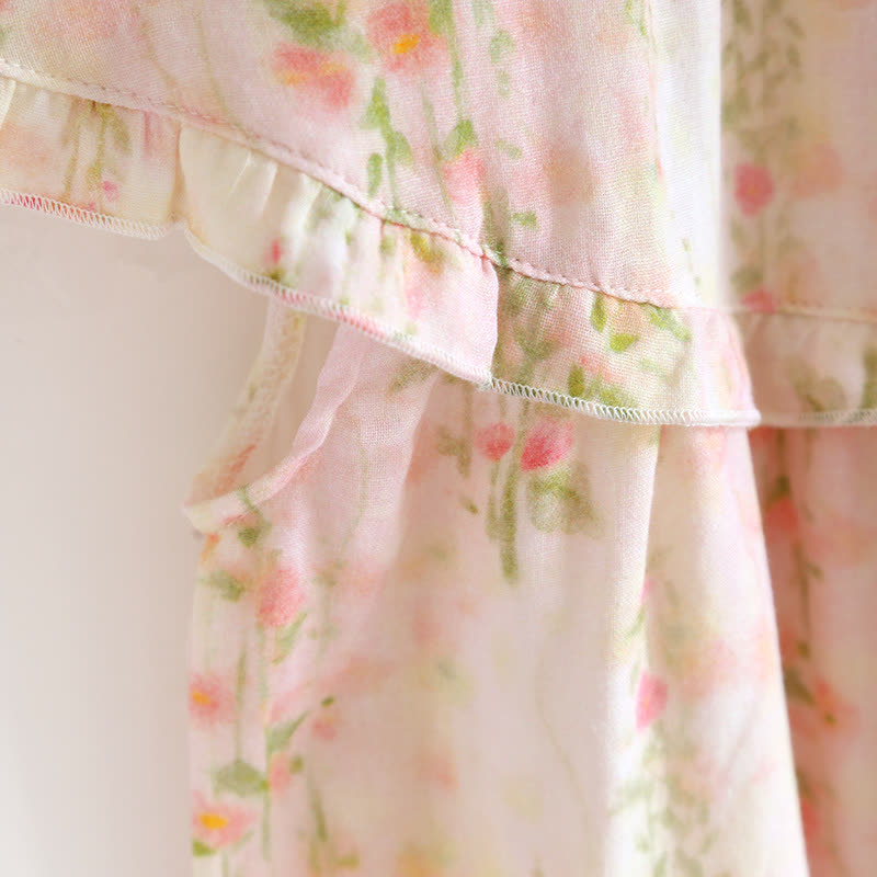 Ruffle Neck Rose Print Cotton Nightgown