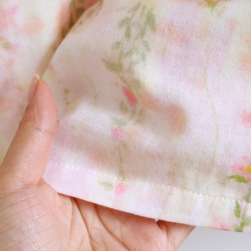 Ruffle Neck Rose Print Cotton Nightgown
