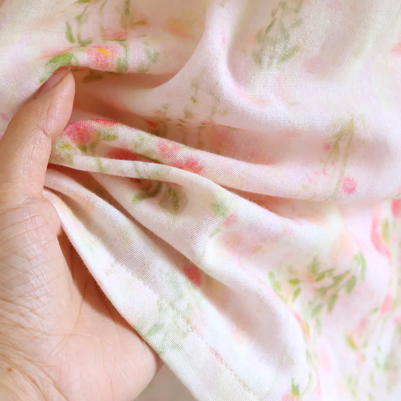 Ruffle Neck Rose Print Cotton Nightgown