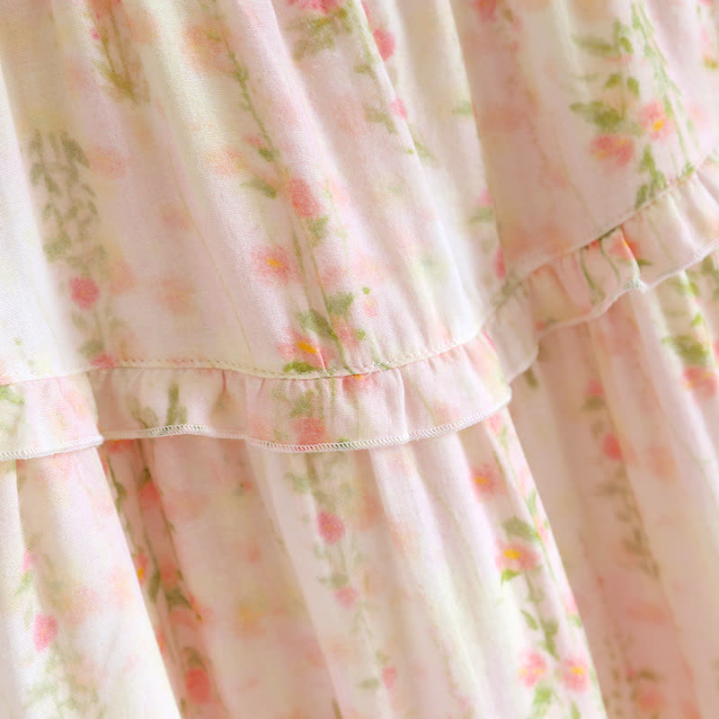 Ruffle Neck Rose Print Cotton Nightgown