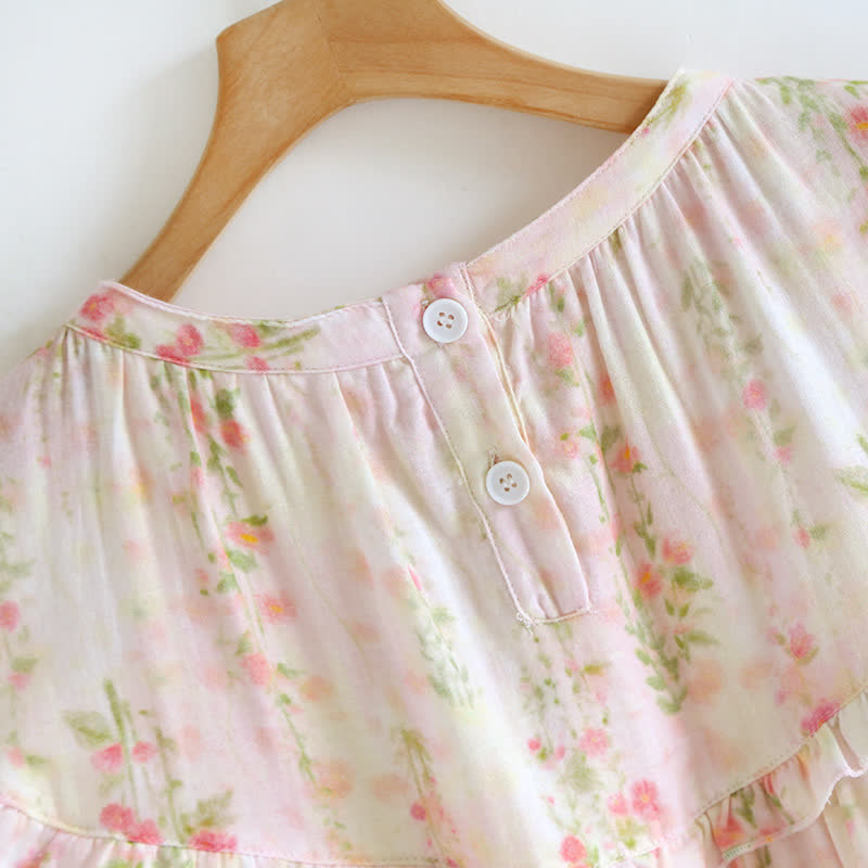 Ruffle Neck Rose Print Cotton Nightgown