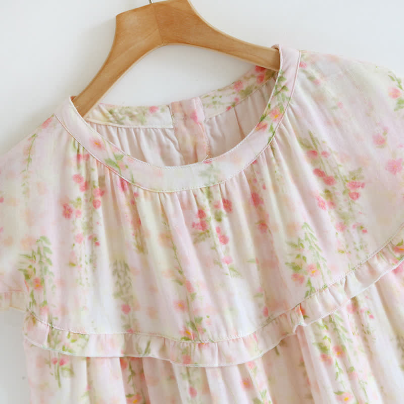 Ruffle Neck Rose Print Cotton Nightgown