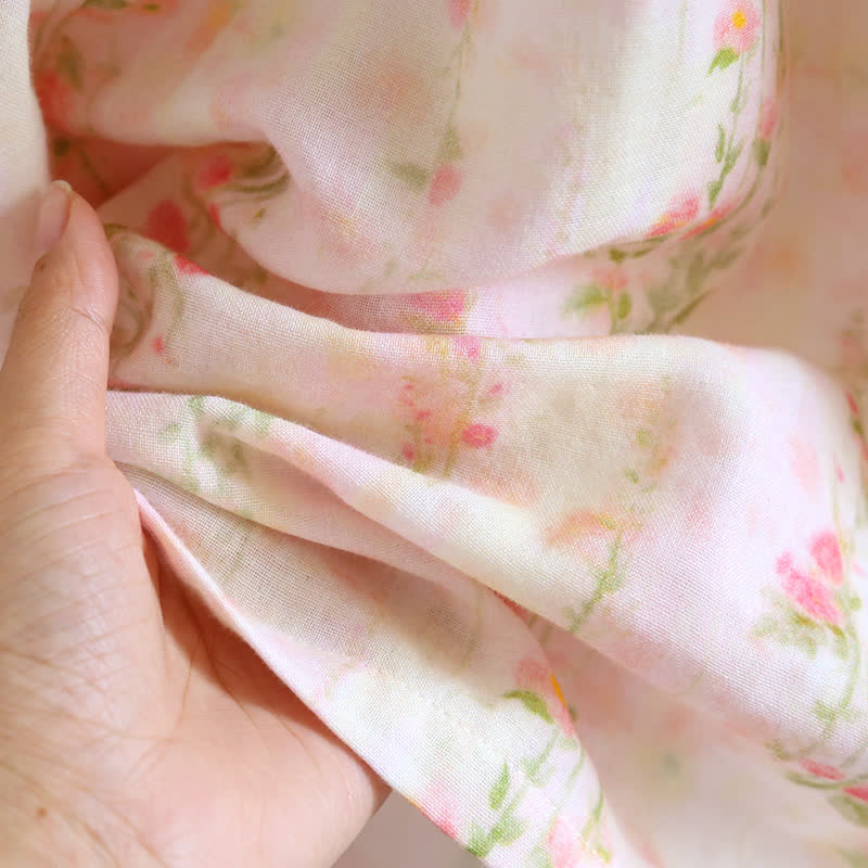 Ruffle Neck Rose Print Cotton Nightgown
