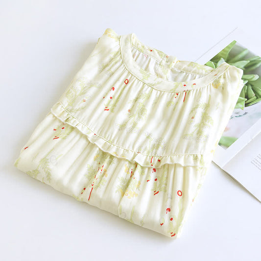 Ruffle Neck Green Floral Cotton Nightgown