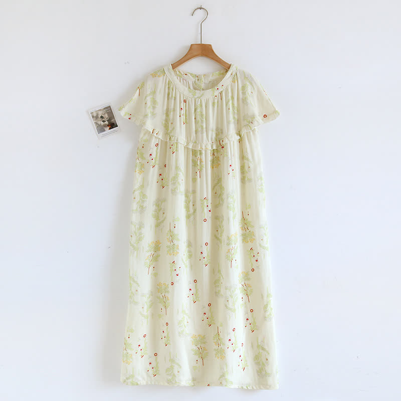 Ruffle Neck Green Floral Cotton Nightgown