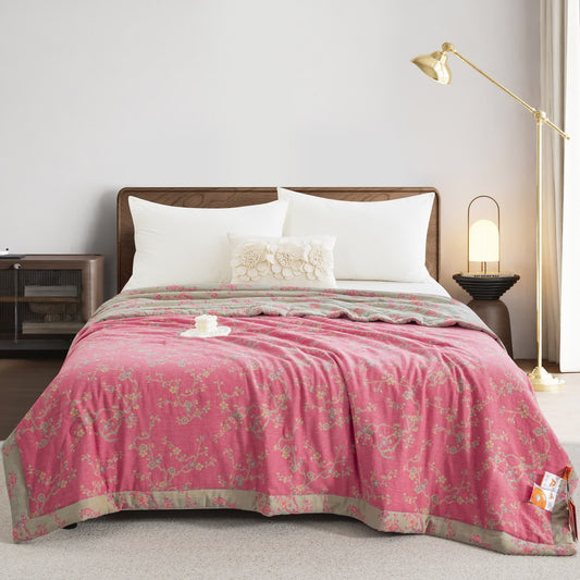 Pink Wintersweet Cotton Gauze Jacquard Quilt