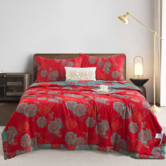Red Peony Cotton Gauze Jacquard Quilt
