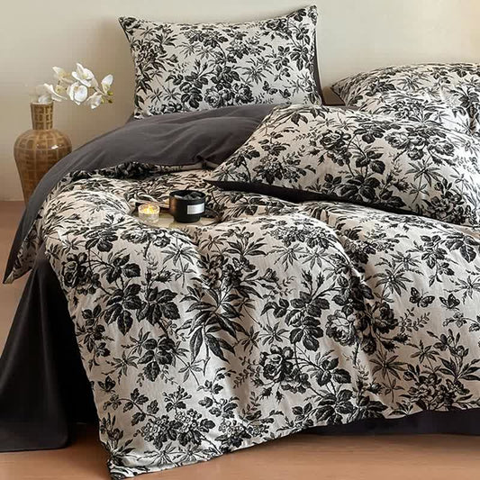 Black Camellia Natural Cotton Bedding Set(4PCS)
