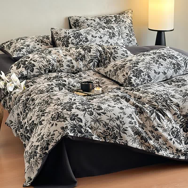 Black Camellia Natural Cotton Bedding Set(4PCS)