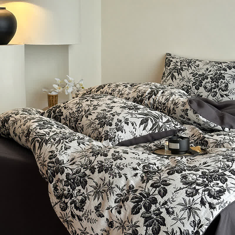 Black Camellia Natural Cotton Bedding Set(4PCS)
