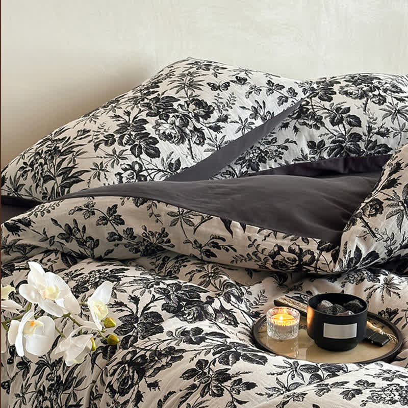 Black Camellia Natural Cotton Bedding Set(4PCS)