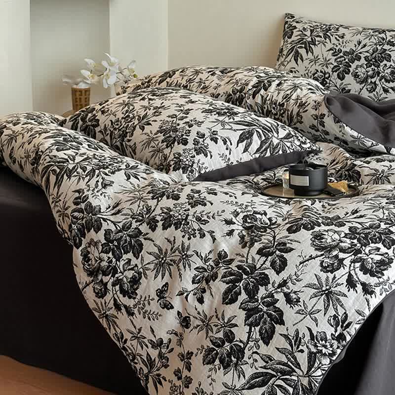 Black Camellia Natural Cotton Bedding Set(4PCS)