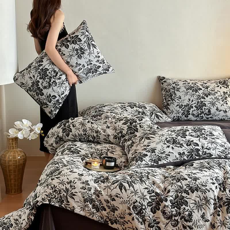 Black Camellia Natural Cotton Bedding Set(4PCS)