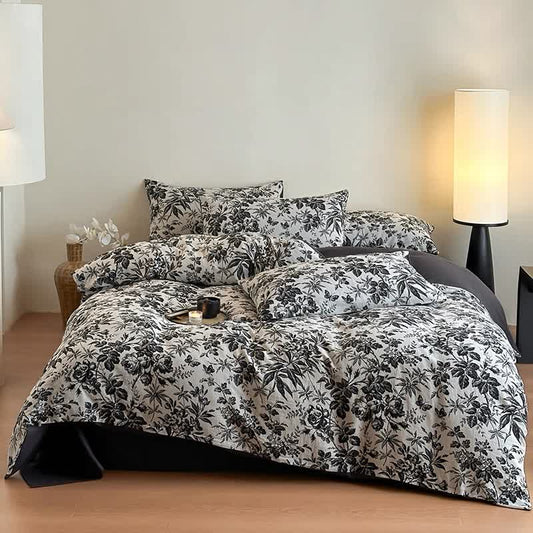 Black Camellia Natural Cotton Bedding Set(4PCS)