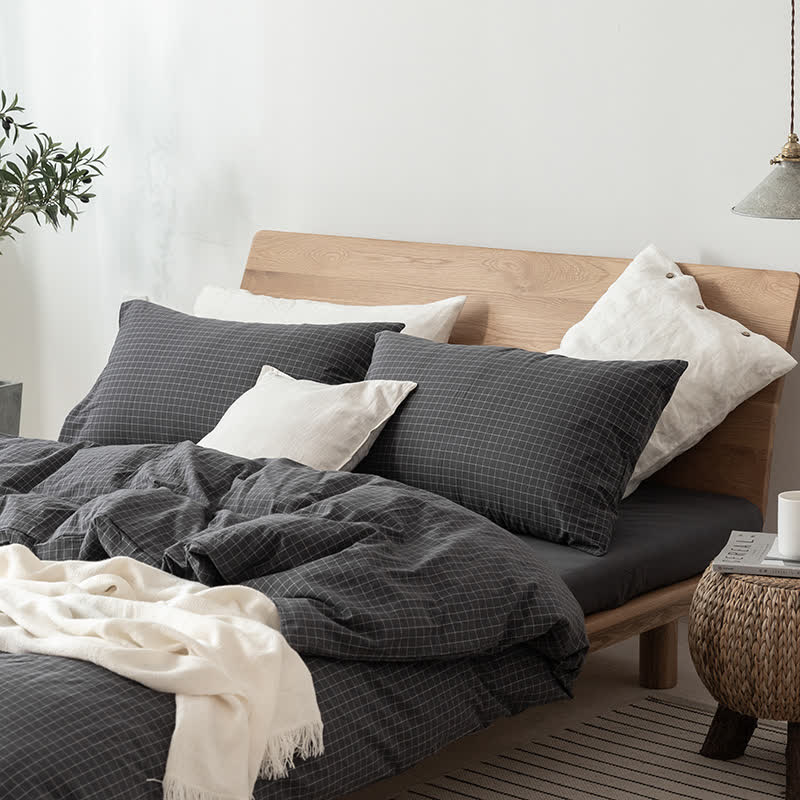 Minimalist Grid Pattern Cotton Dorm Bedding Set - Black - Cal King - image 3