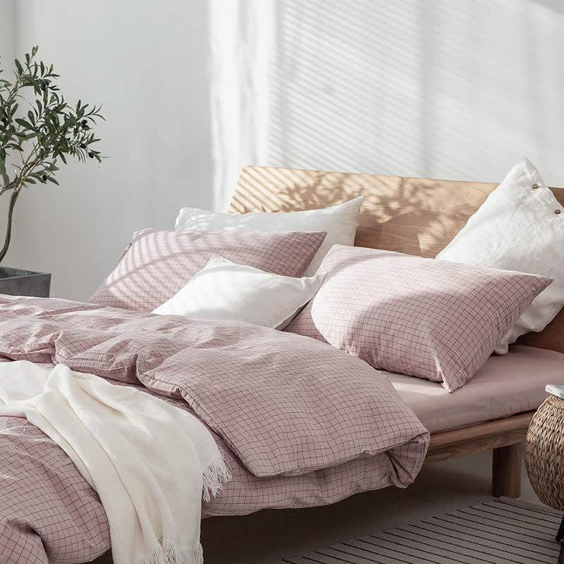 Minimalist Grid Pattern Cotton Dorm Bedding Set - White - Cal King - image 6