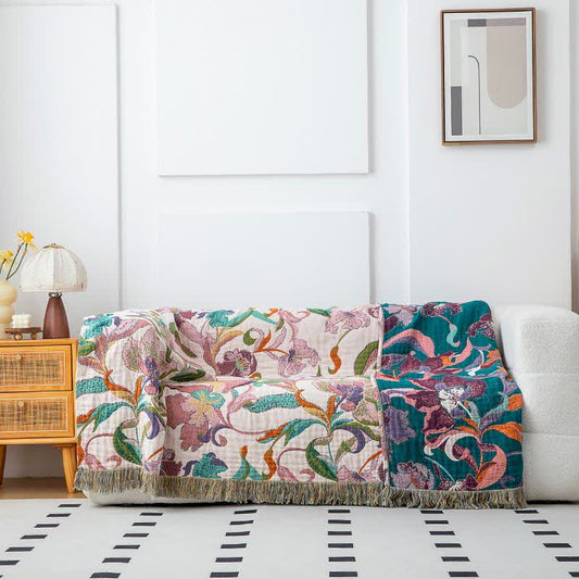 Flower Vine Cotton Gauze Tassel Blanket - 90"W x 98"L - image 1