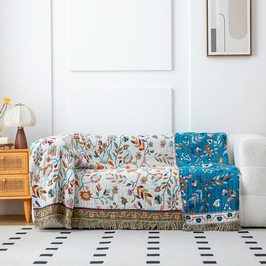 Bohemian Artistic Floral Leaf Cotton Blanket - 90"W x 98"L - image 1