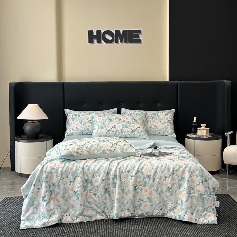 Silky Watercolor Flower Print Natural Quilt - Blue - Bedding Sets - King - image 3