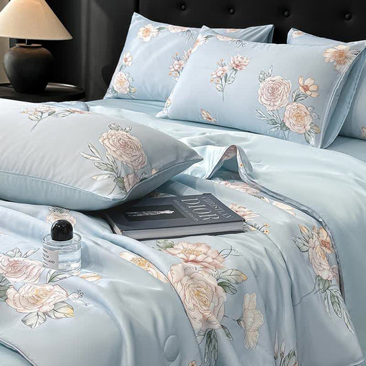 Blue Camellia Print Silky Natural Quilt - image 2
