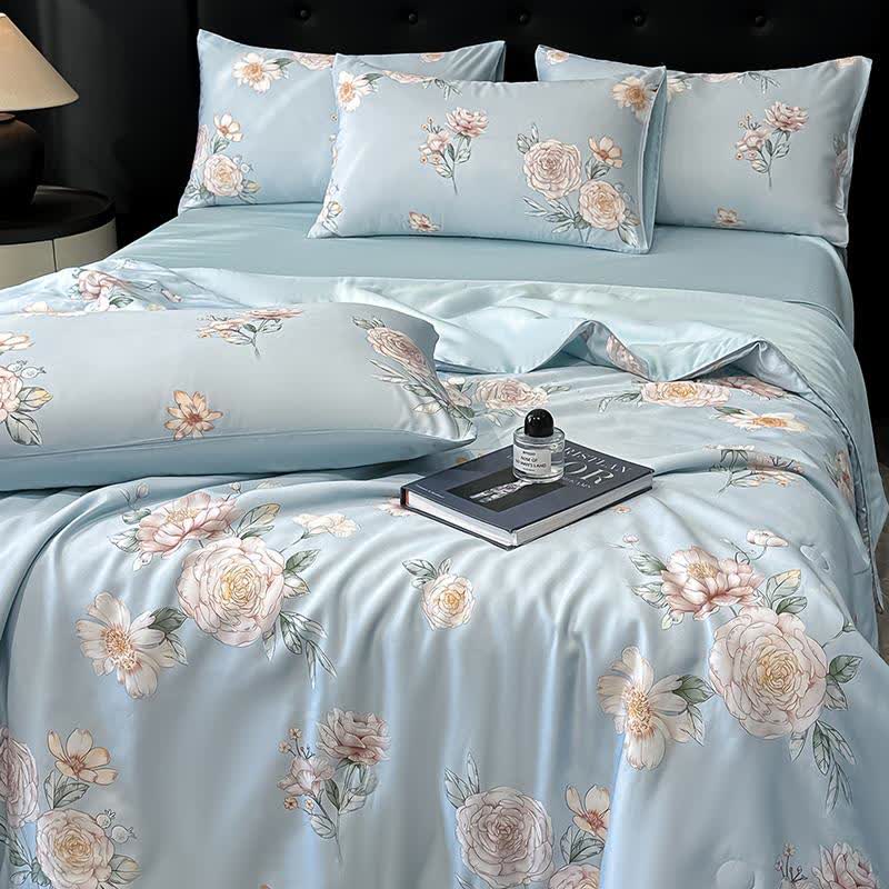 Blue Camellia Print Silky Natural Quilt - image 3
