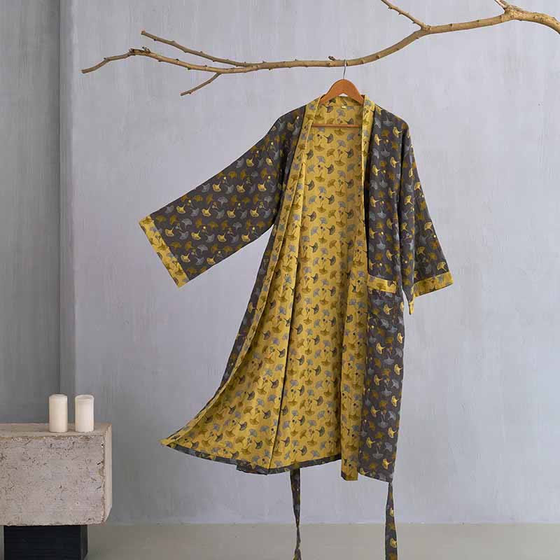 Two-Tone Ginkgo Cotton Gauze Kimono Robe - Grey & Yellow - XL - image 5