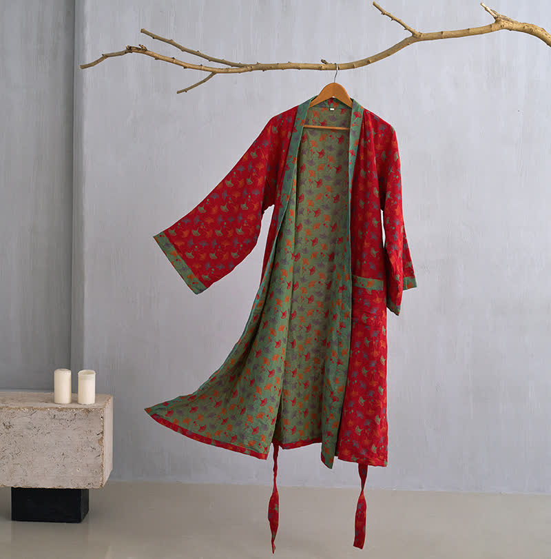 Two-Tone Ginkgo Cotton Gauze Kimono Robe - Red & Green - XL - image 7