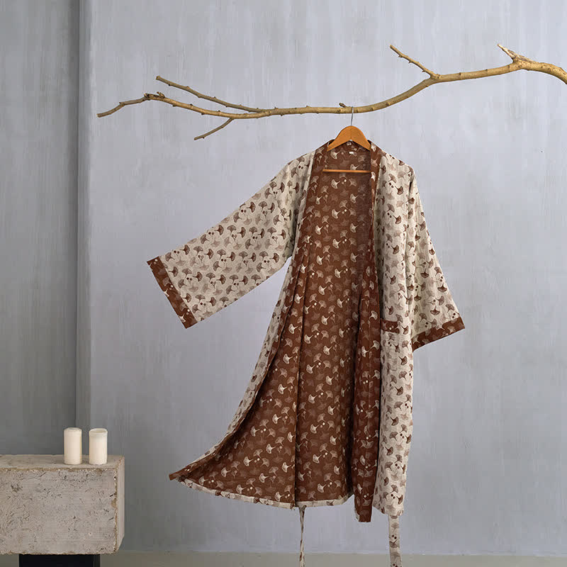 Two-Tone Ginkgo Cotton Gauze Kimono Robe - Beige & Coffee - XL - image 14