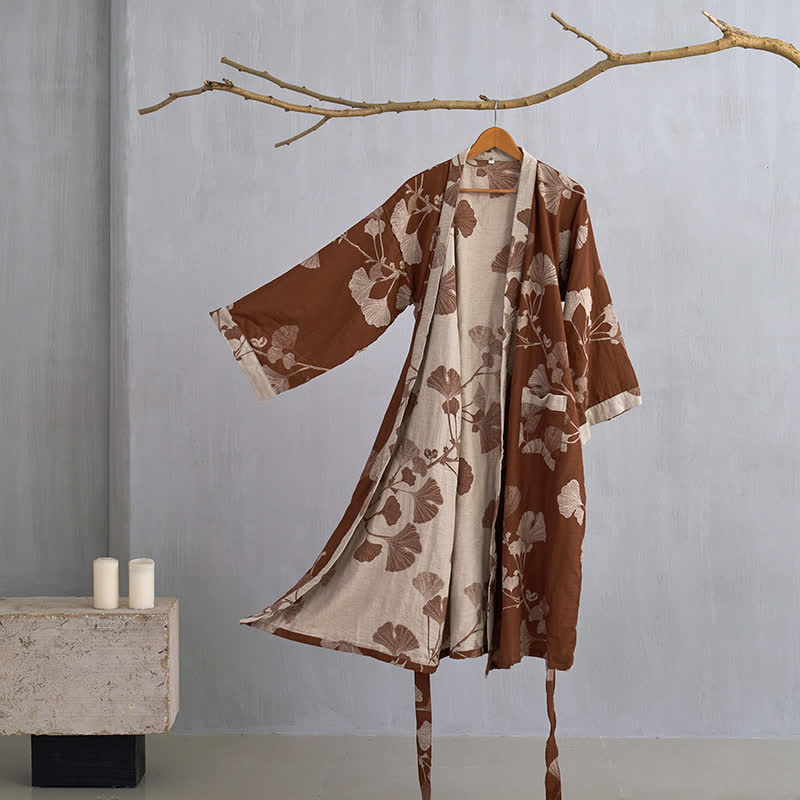 Large Ginkgo Leaf Cotton Kimono Robe - Coffee & Beige - XL - image 5