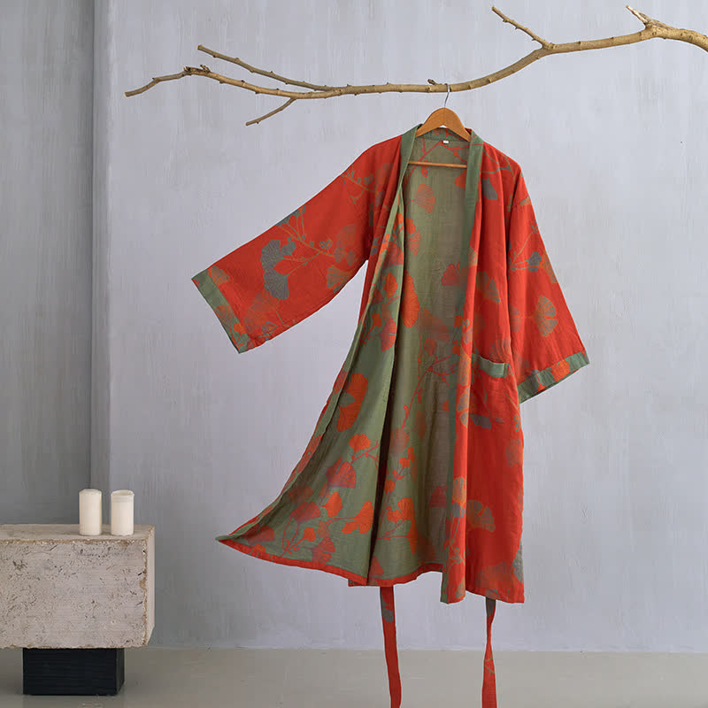 Large Ginkgo Leaf Cotton Kimono Robe - Orange & Green - XL - image 3