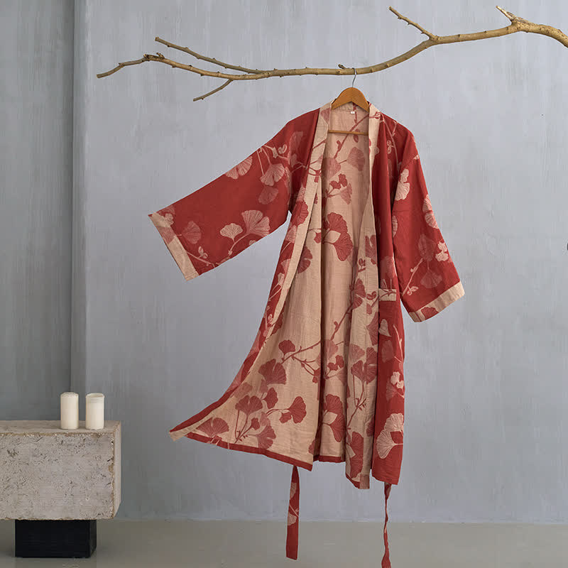 Large Ginkgo Leaf Cotton Kimono Robe - Red & Nude - XL - image 7